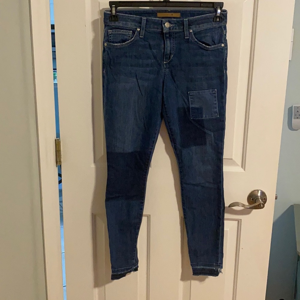 JOE’S skinny patchy jeans with frayed ankles